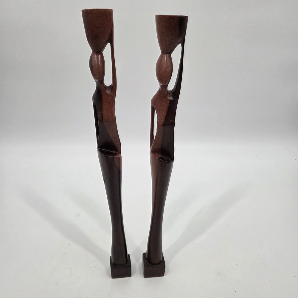 Vintage Mid Century Hand Carved Wooden Female Figure Candle Holder African 17"